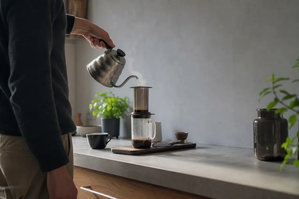 AeroPress-bryggare med kolv och pappersfilter under bryggning