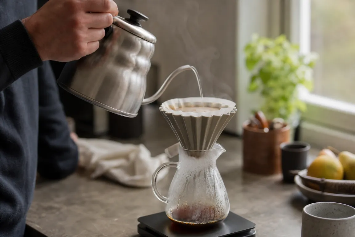 Termometer i en vattenkokare med hett vatten inför kaffebryggning