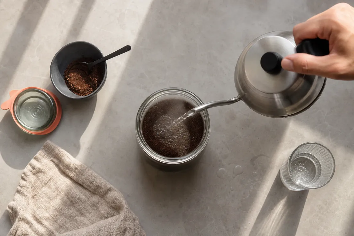 Glaskanna med kallbryggt kaffekoncentrat och grovmalet kaffe i botten