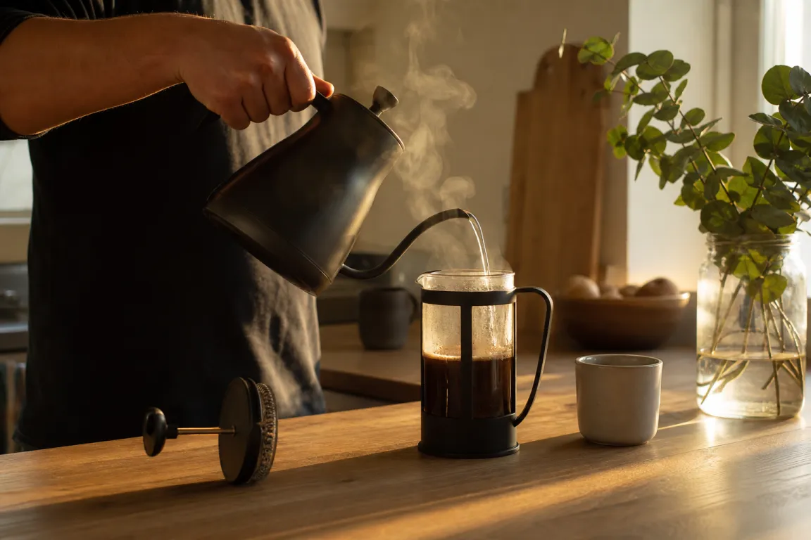 Presskanna med nybryggt kaffe och grovmalen kaffesump synlig i botten