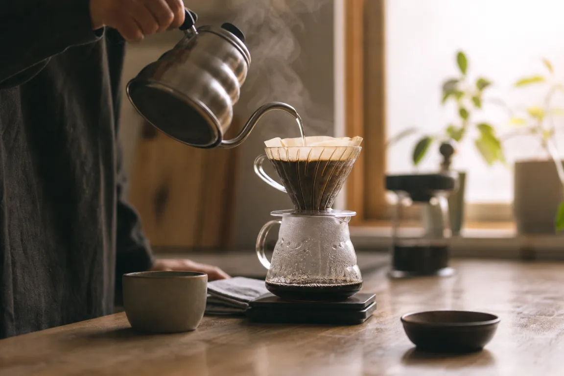 Kaffepanna på en spisplatta med kokkaffe som just dragits av