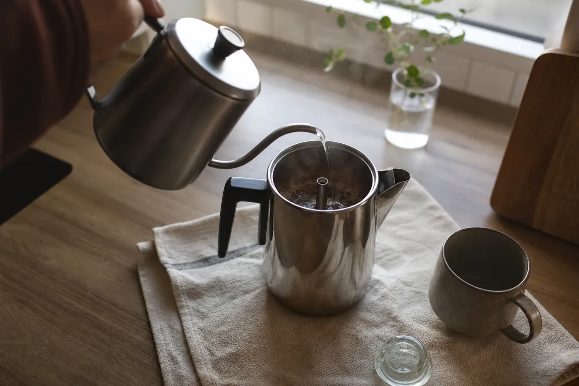 Perkolator på spisen med genomskinlig knopp i locket där kaffet syns cirkulera