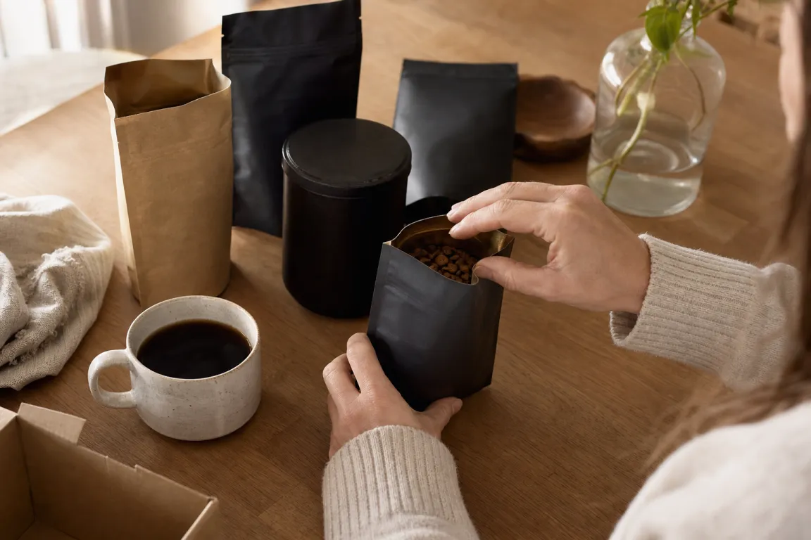 Kaffepåsar från ett svenskt rosteri uppställda på en hylla