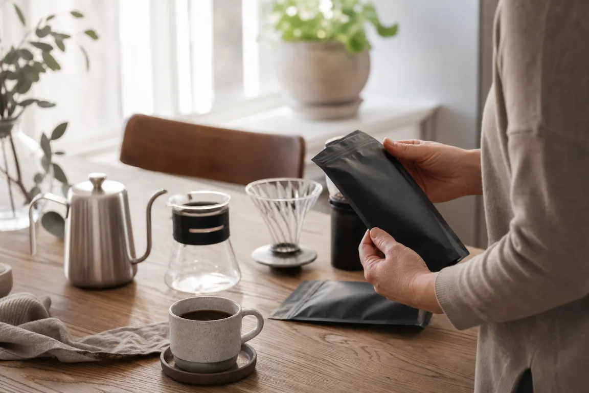 Espressomaskin och kaffekoppar uppställda i en köksbutik