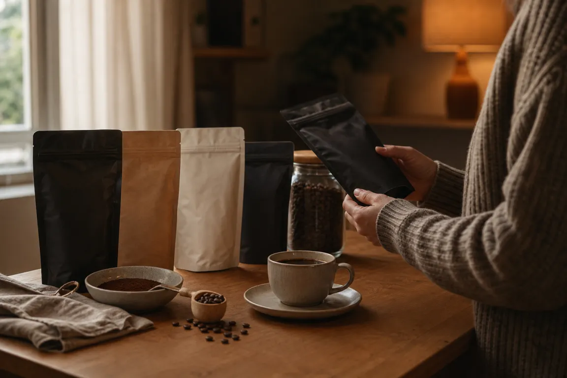 Kaffe- och tepaket bland andra dryckesförpackningar i en hylla