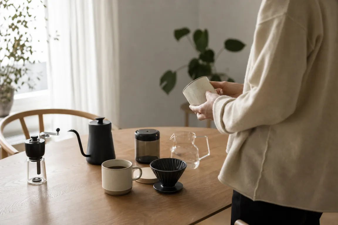 Kaffepaket bredvid formgivna köksdetaljer i en presentbutik