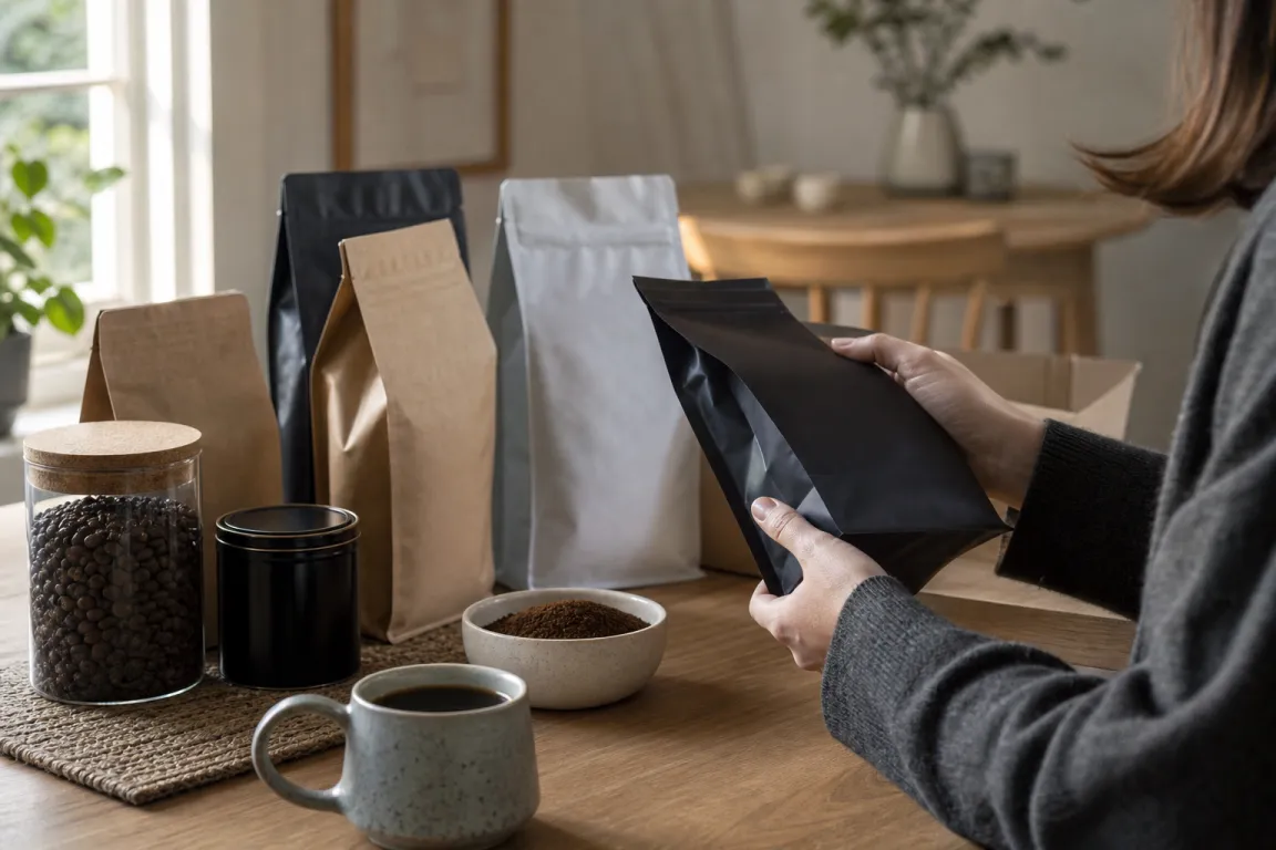 Kaffekapslar och kaffepaket bredvid kontorsmaterial på ett skrivbord