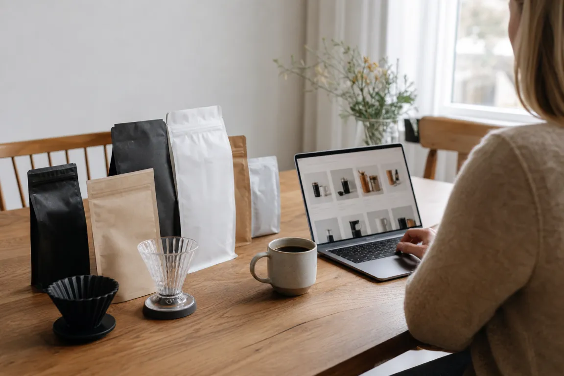 Kaffebönor och en kaffekvarn uppställda tillsammans