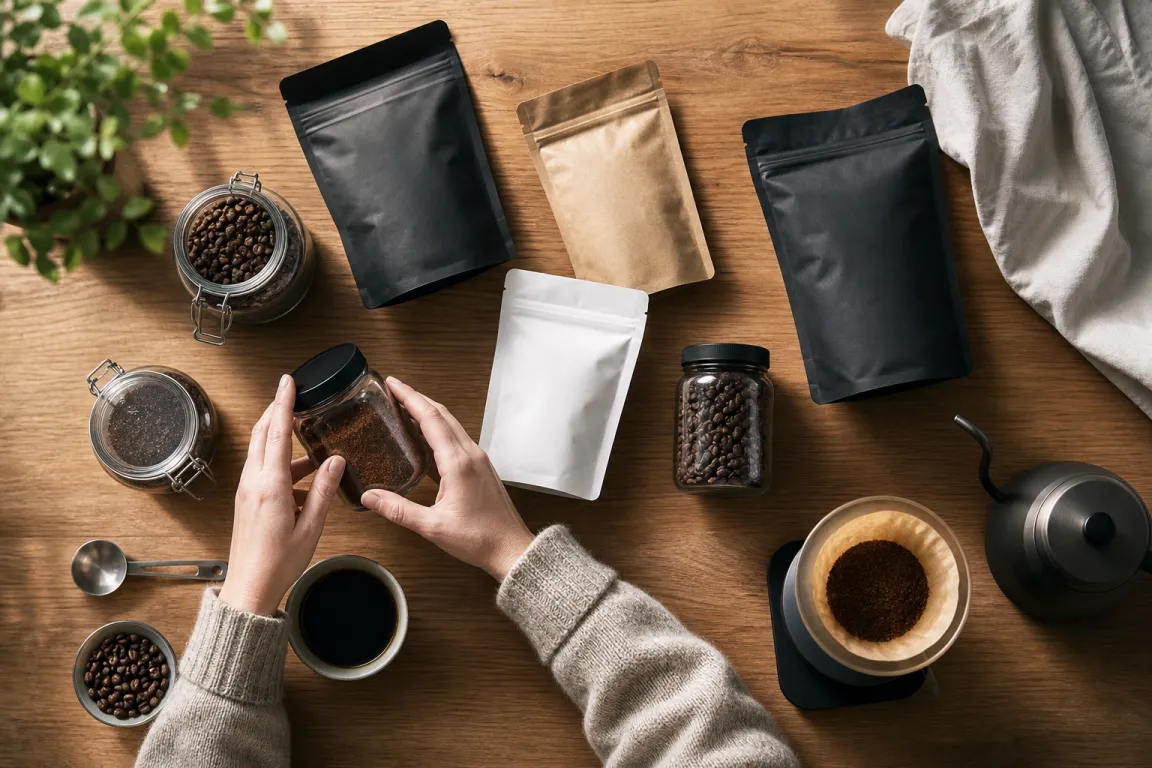Flera olika kaffemaskiner och kaffetillbehör i en köksbutik