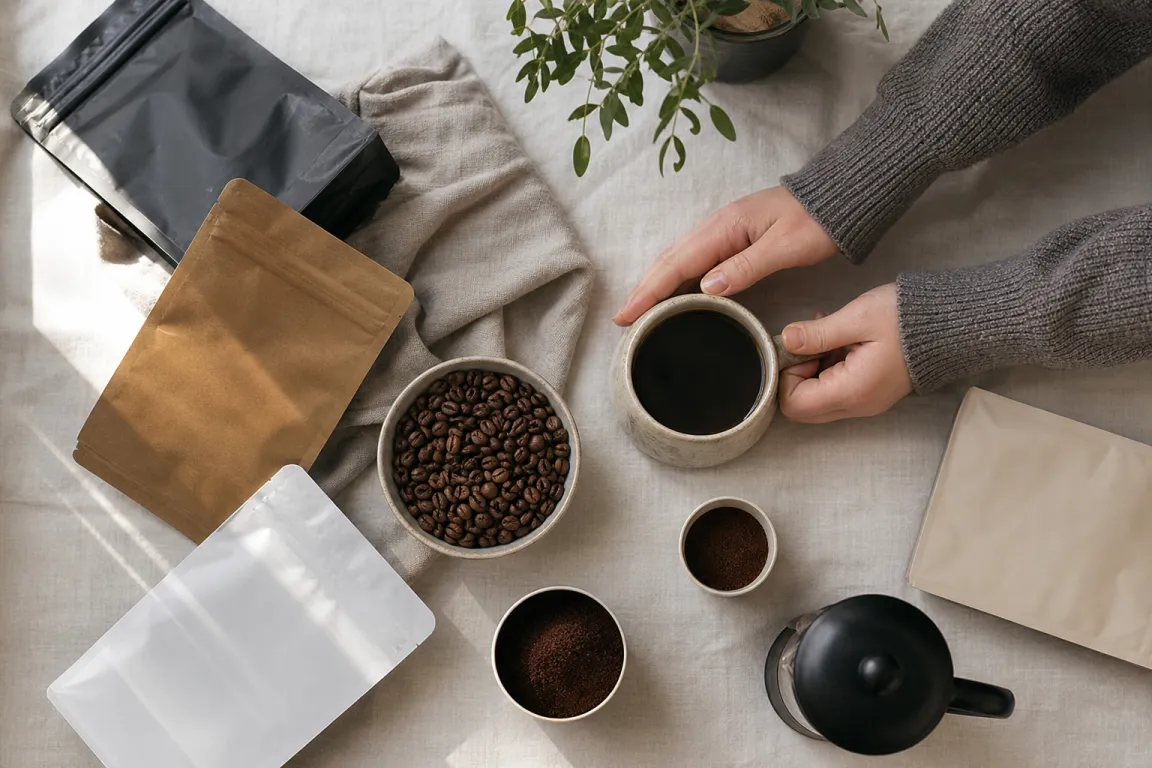 Person läser en köpguide om kaffemaskiner på en dator