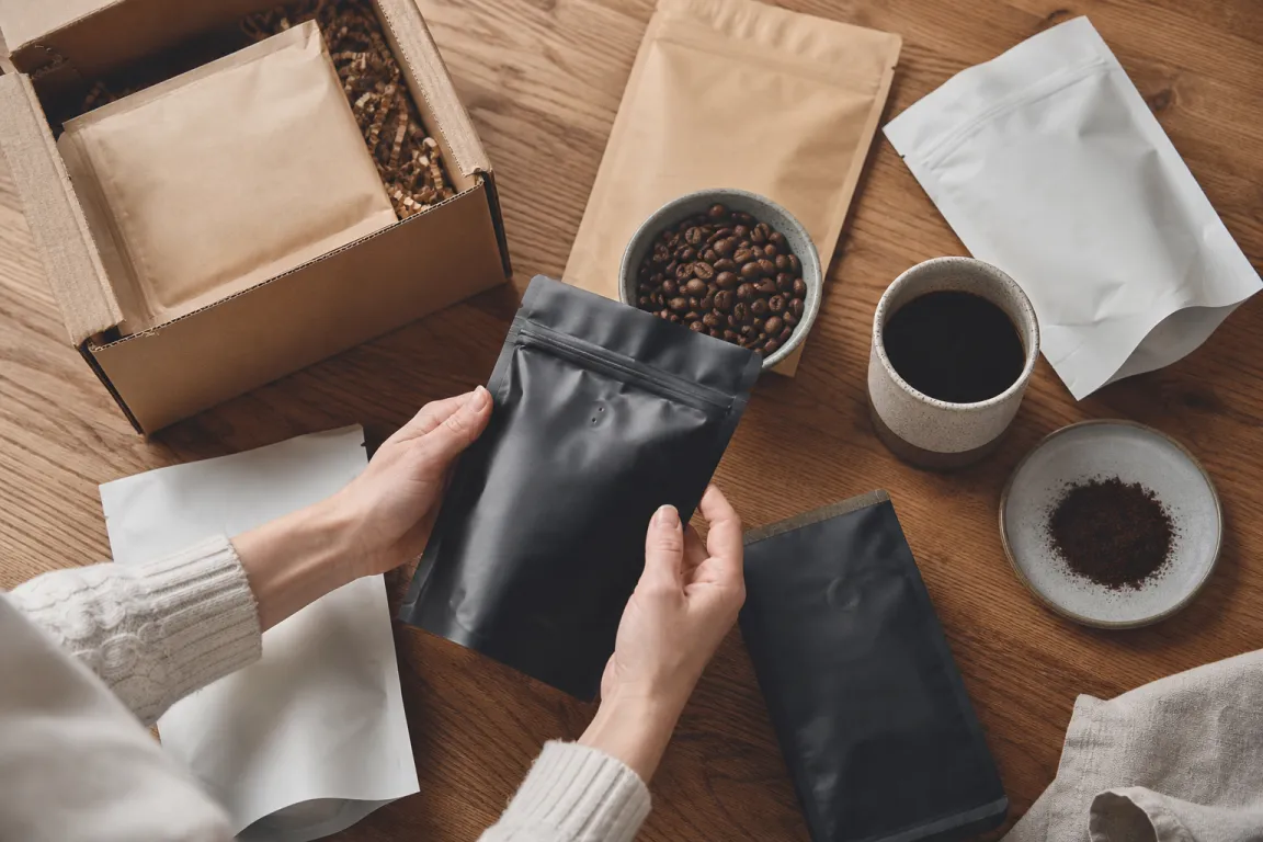 Kaffepåsar från olika butiker uppradade bredvid en dator