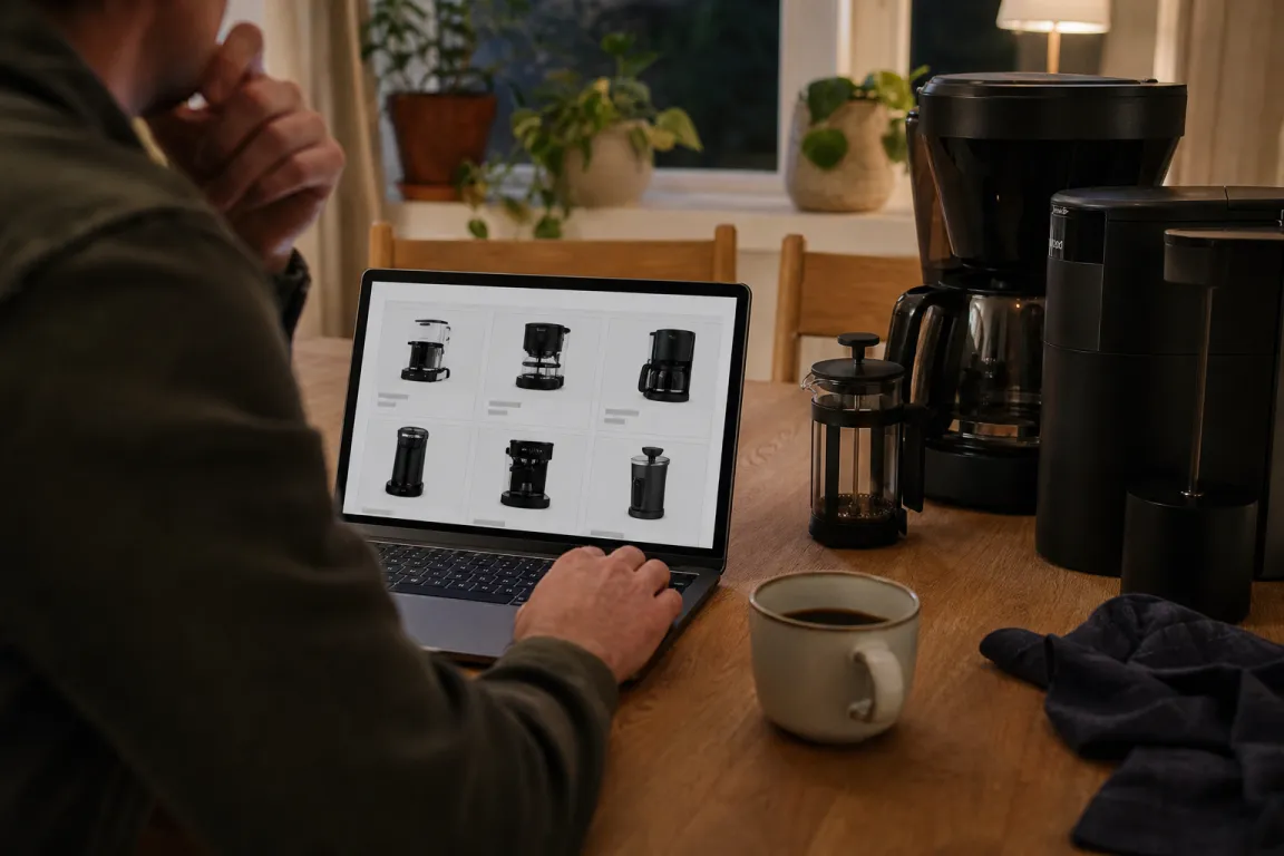 En kaffemaskin uppställd bland kartonger som väntar på att packas upp