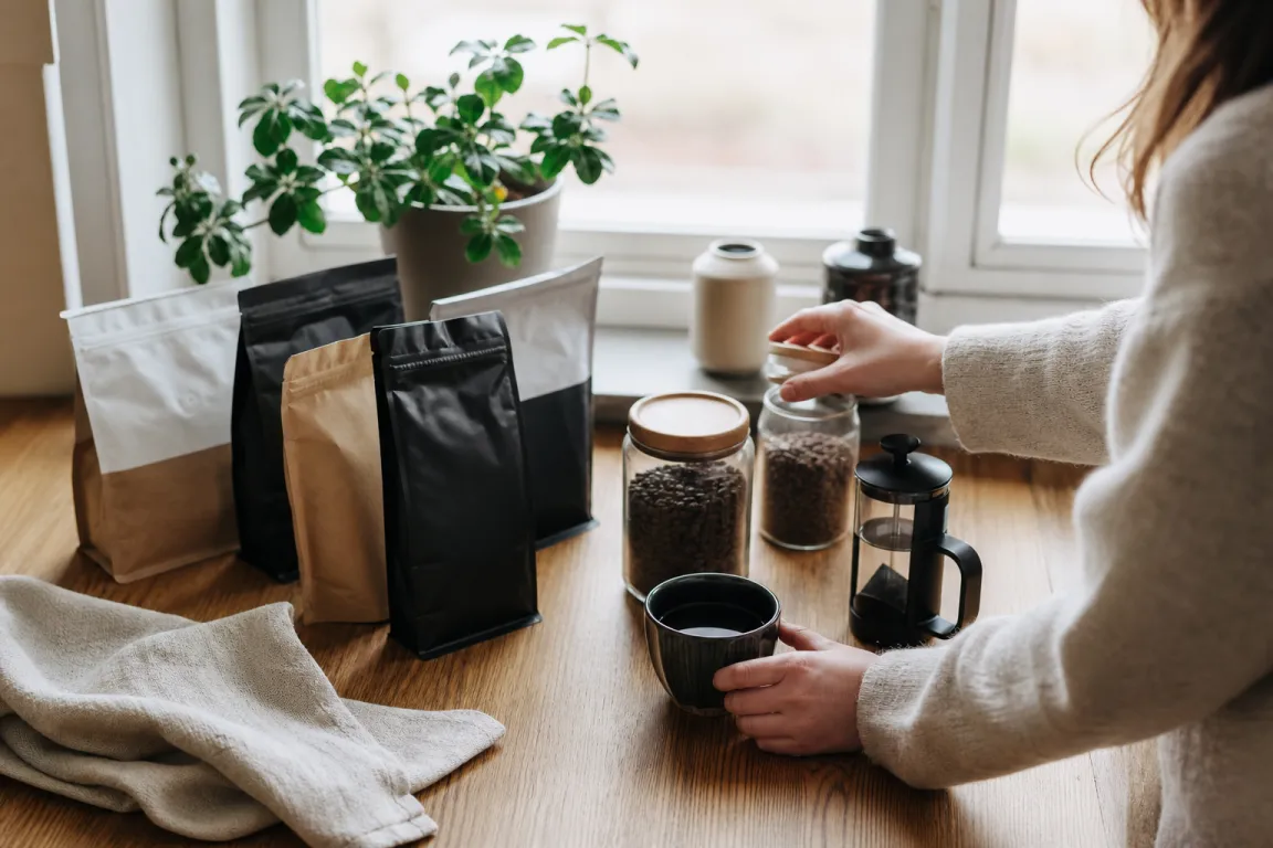 En kalebass med bombilla bredvid en påse yerba mate