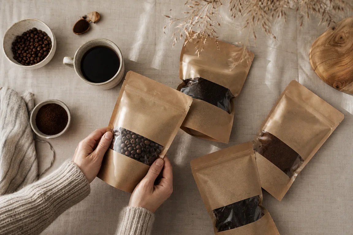 Kaffepaket bland andra skafferivaror i en hylla