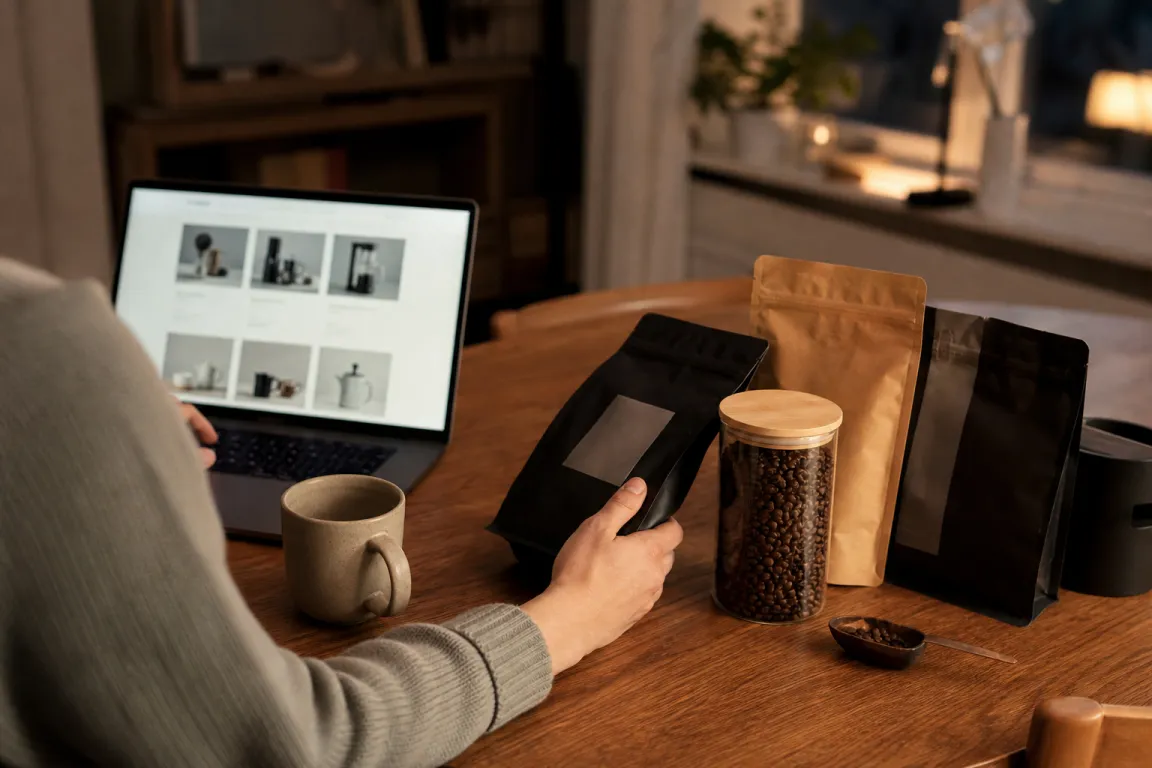 Rad av kaffemaskiner i olika modeller i en elektronikbutik
