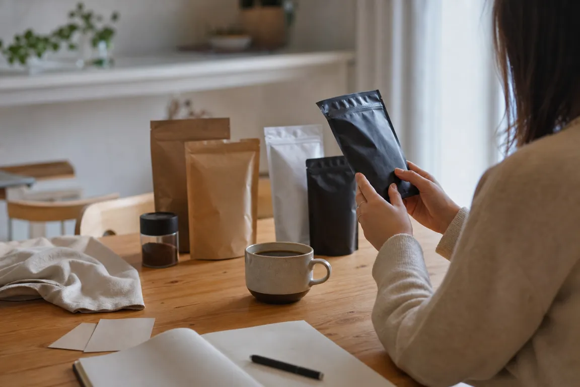 Kaffepåsar, en kaffemaskin och teburkar uppställda som i en butikshylla