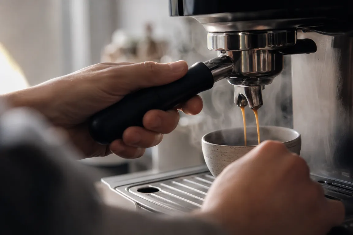 Ett portafilter med filterkorg fylld med malet kaffe