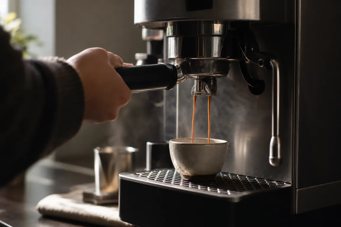 En hand tampar kaffe jämnt i en portafilterkorg