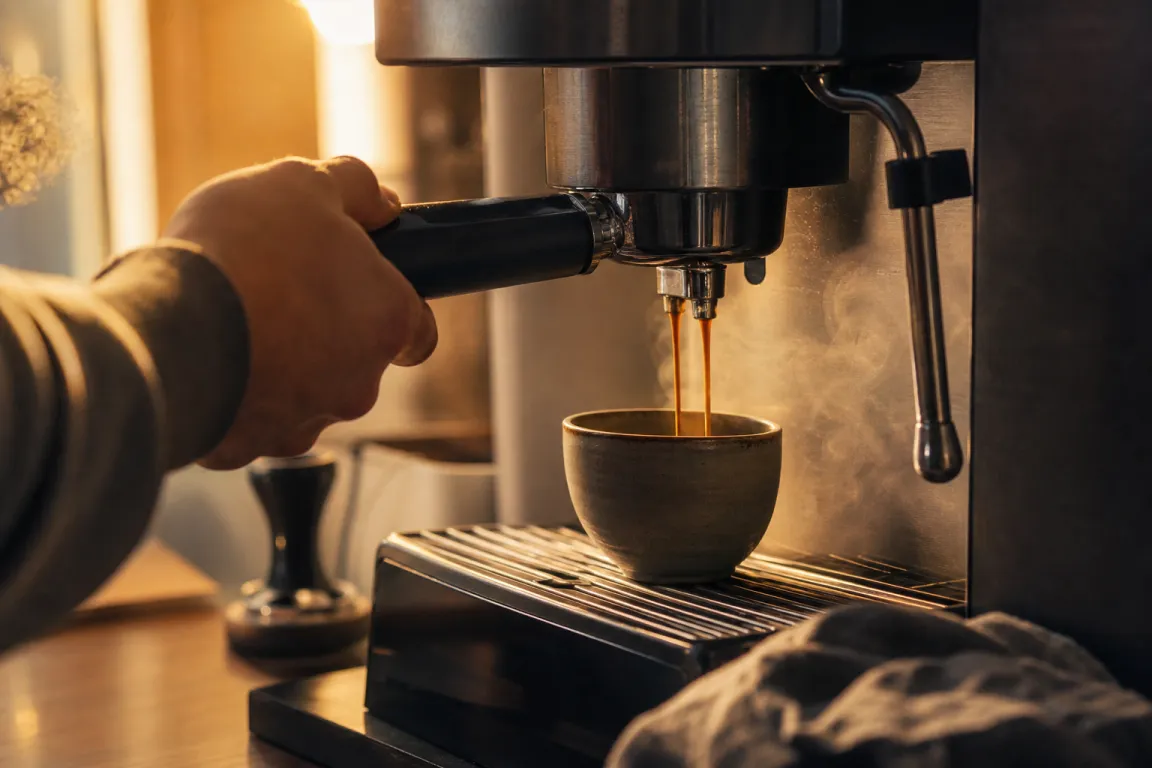 Espresso bryggs i portafilter med jämn crema i koppen