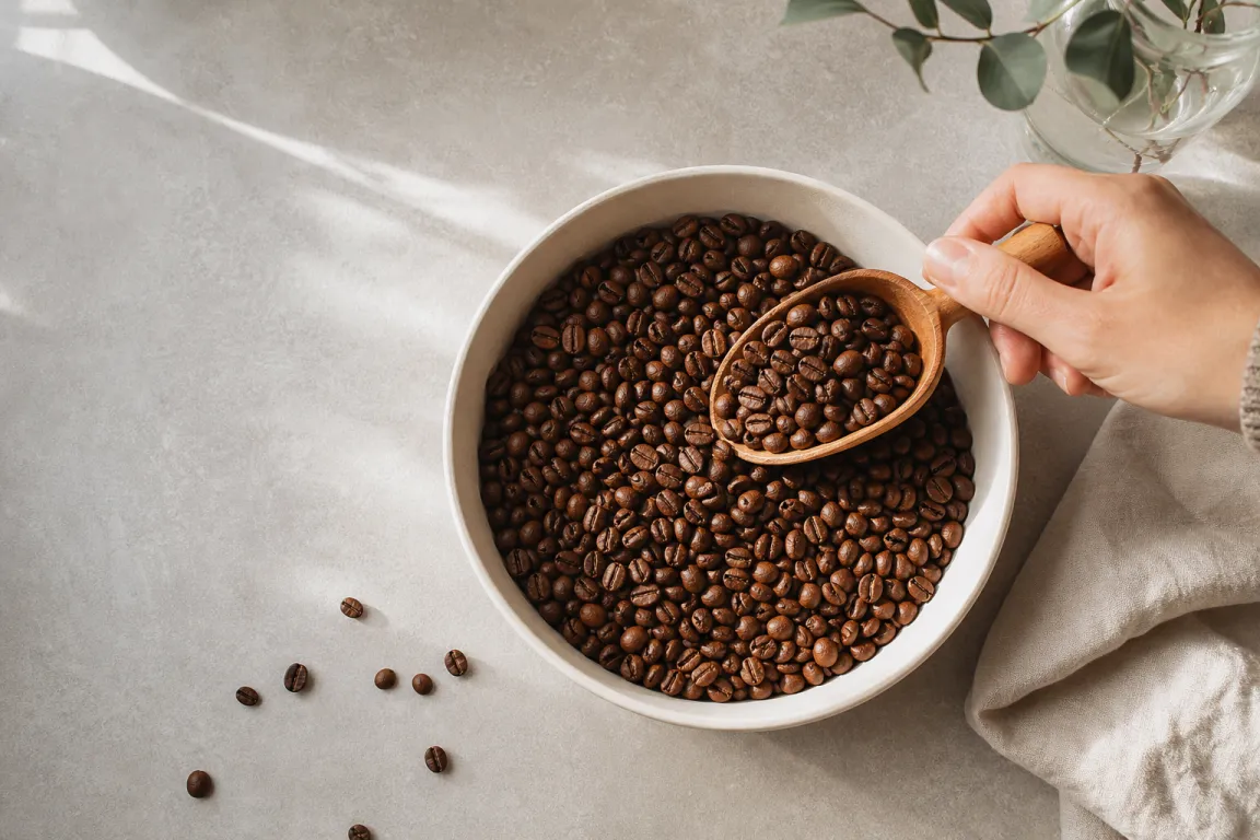Kaffebönor av arabica och robusta i varsin skål