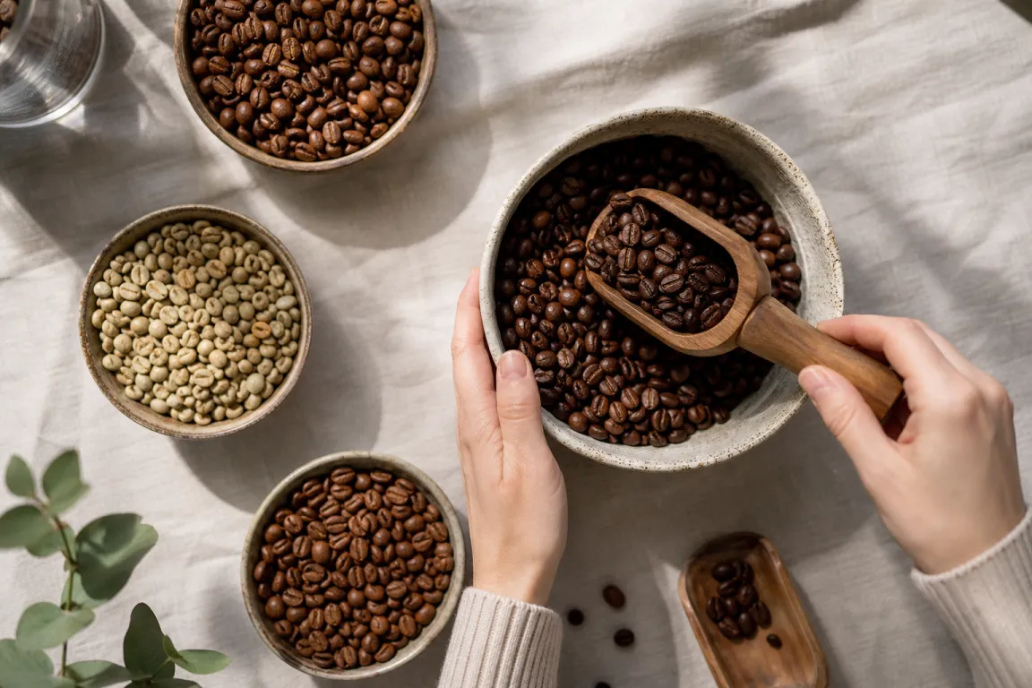 Flera olika kaffebönor i skålar, redo att jämföras