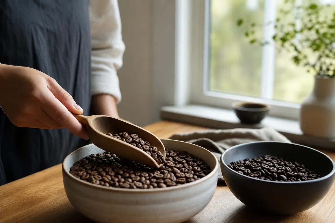 Koffeinfria kaffebönor i en skål bredvid en förpackning