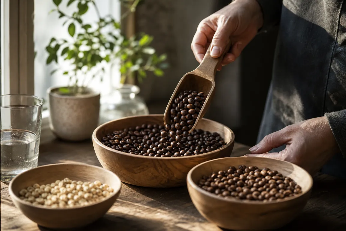 Kaffebönor i ljus och mörk rostningsgrad sida vid sida