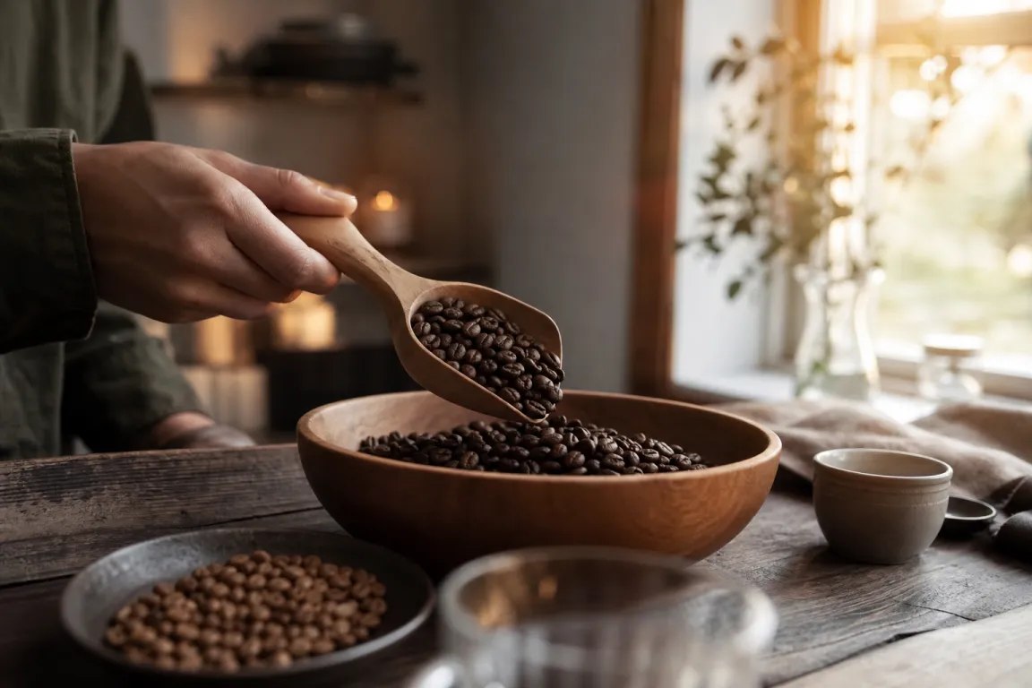 Kaffebönor från ett enskilt ursprung i en skål med ursprungsetikett