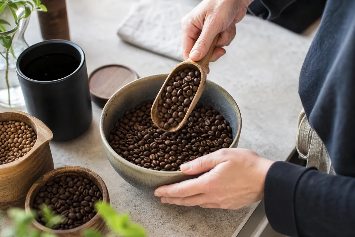 Rostade kaffebönor i olika nyanser bredvid en kaffeskopa
