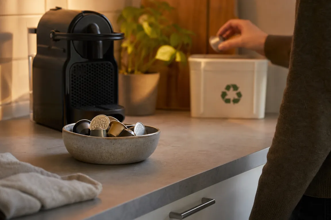 Använda kaffekapslar samlade i en påse för återvinning