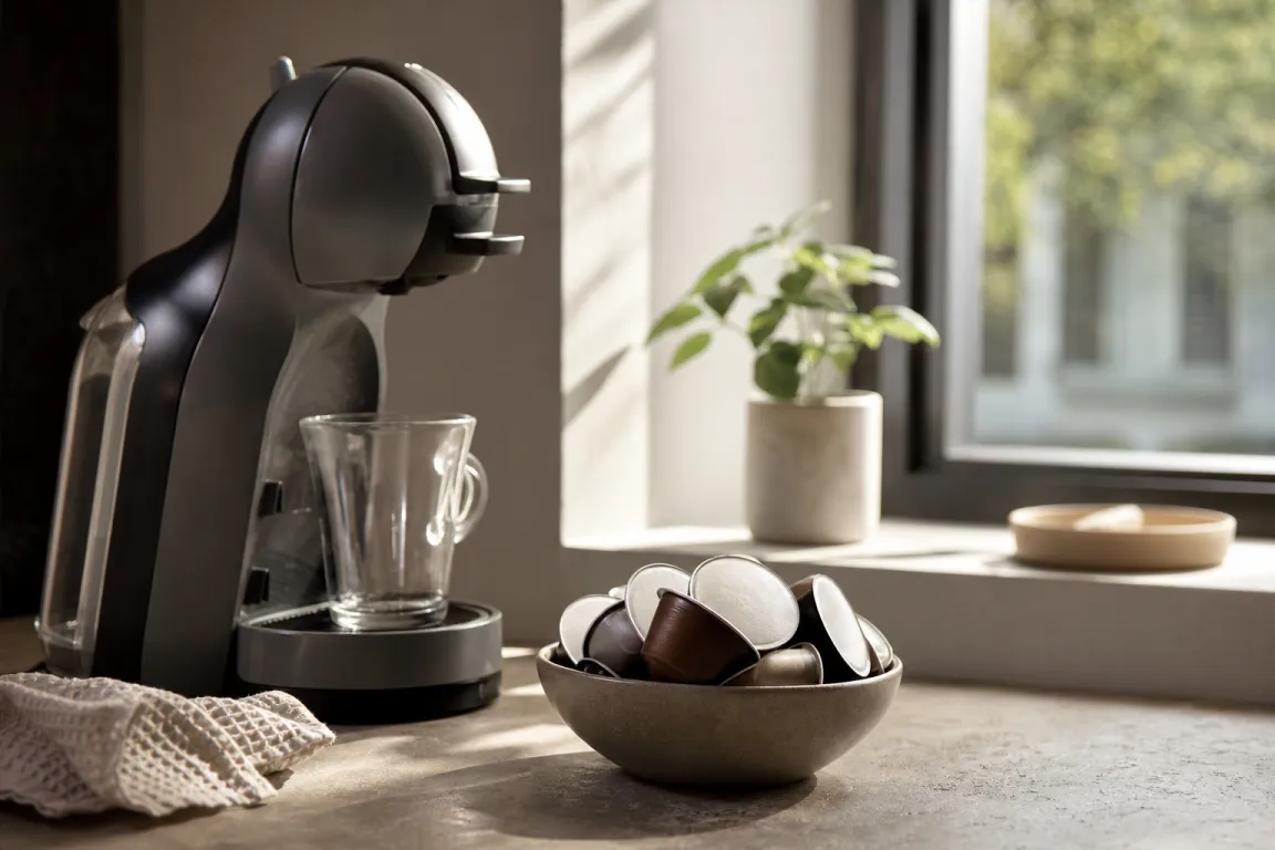 Dolce Gusto-kapslar i olika färger uppradade på en bänk