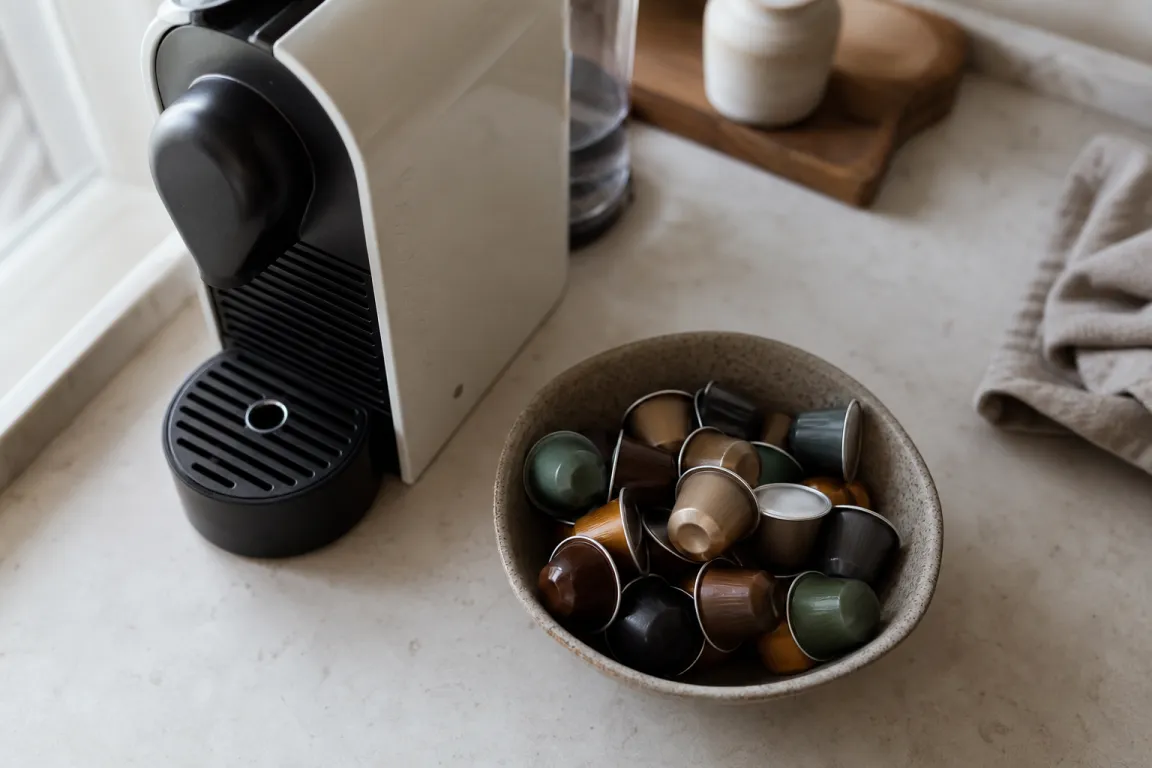 Kaffekapslar och hela kaffebönor sida vid sida