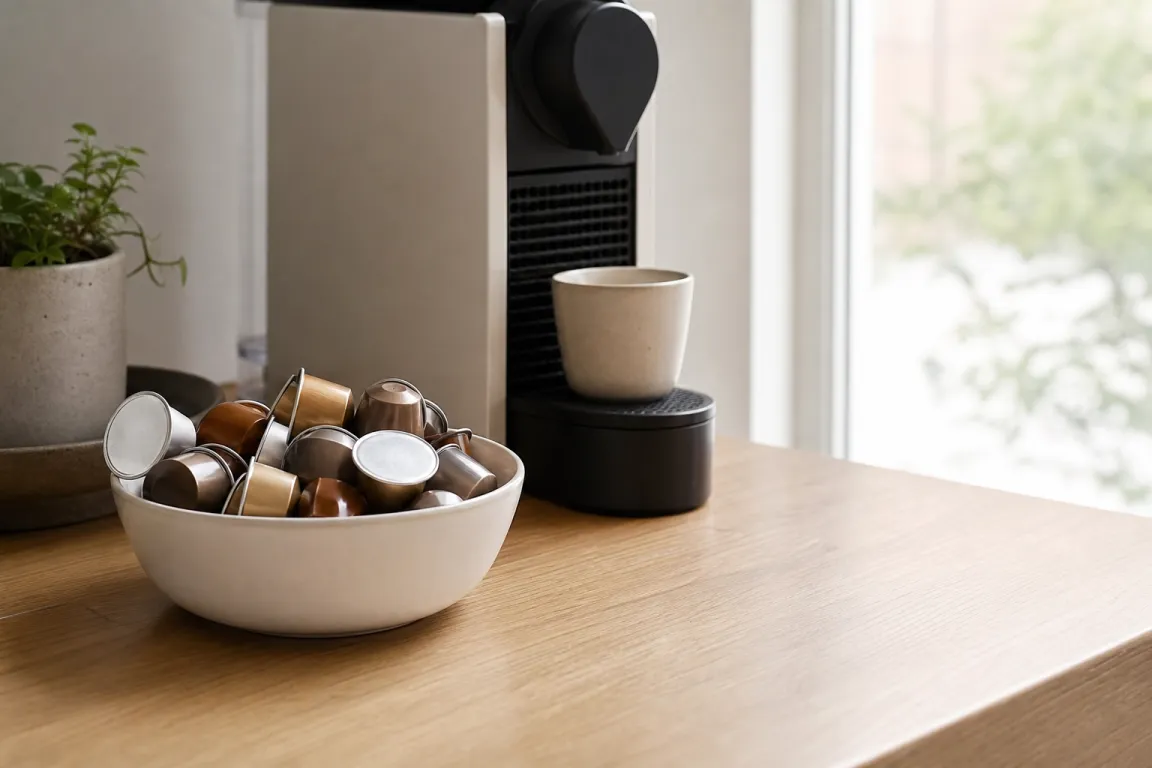 Rader av kaffekapslar i olika färger framför en kapselmaskin