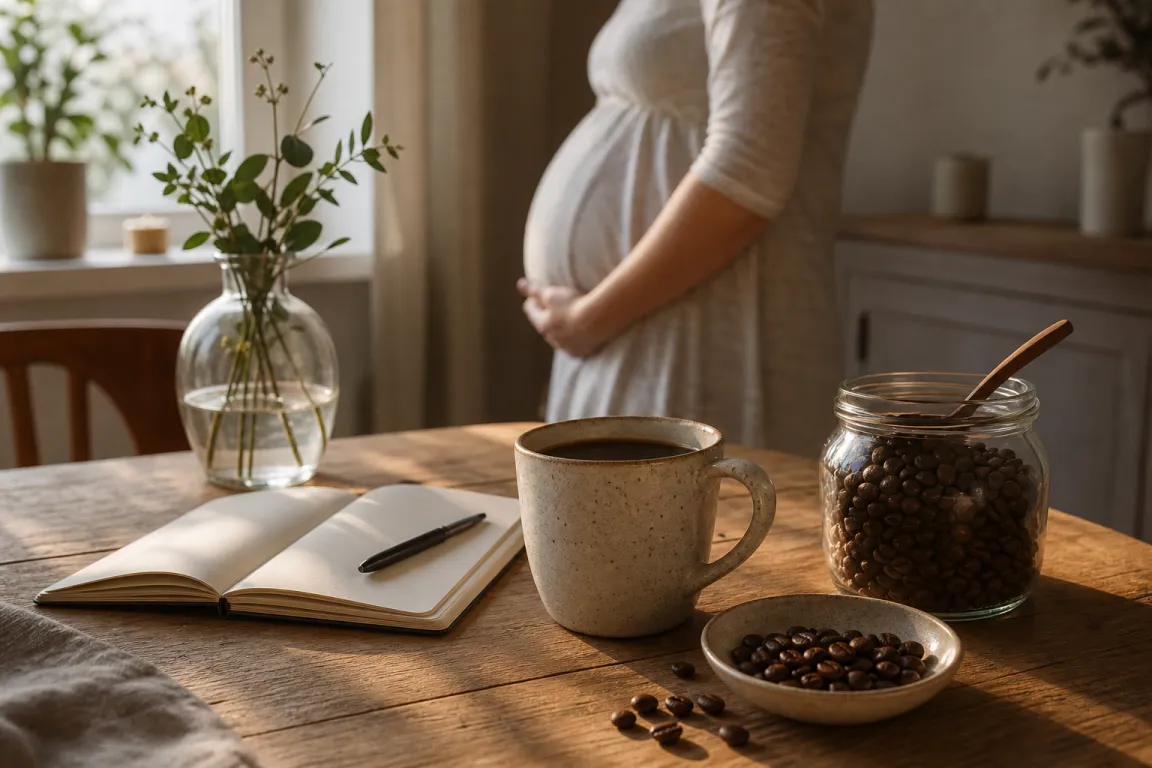 En gravid person håller i en kopp bredvid en kaffebryggare