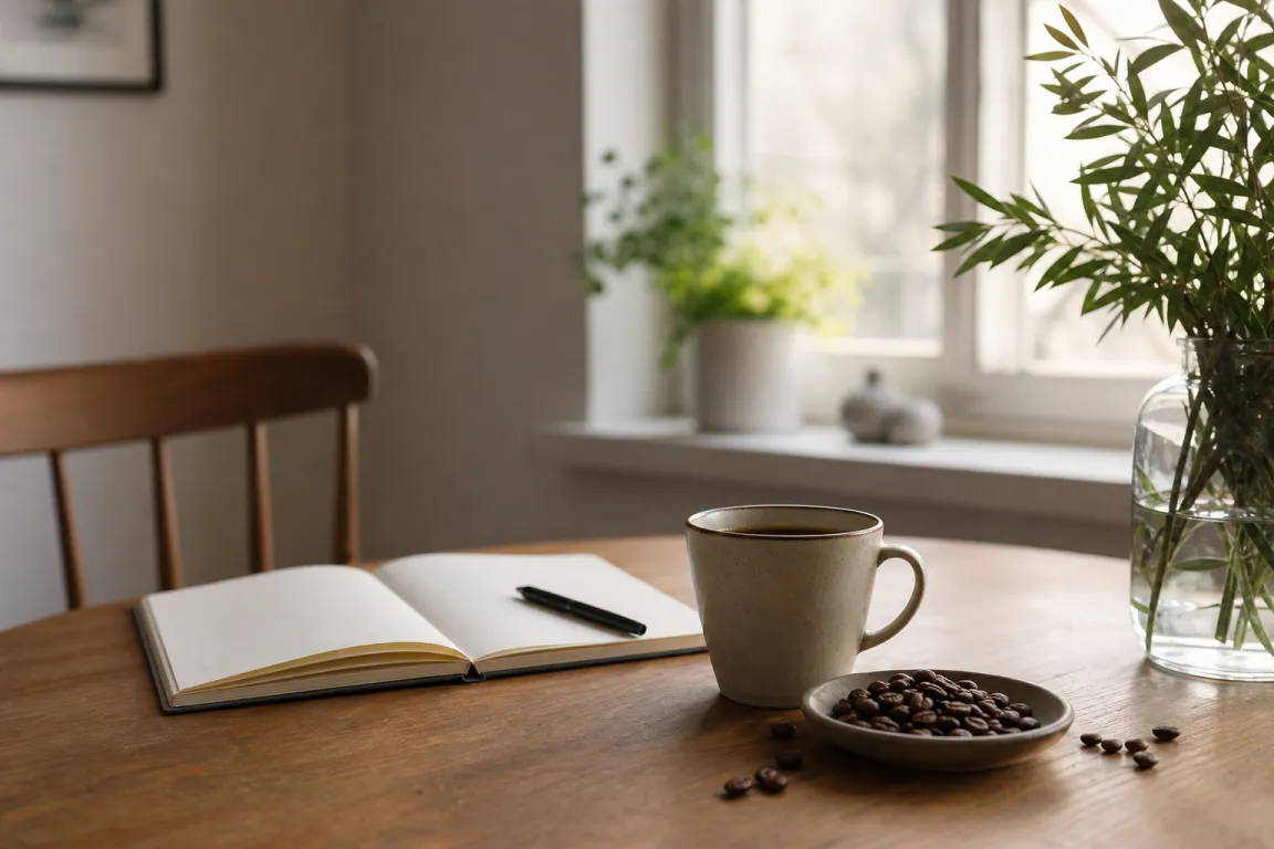En kopp kaffe bredvid anteckningsblock och forskningsrapporter på ett skrivbord