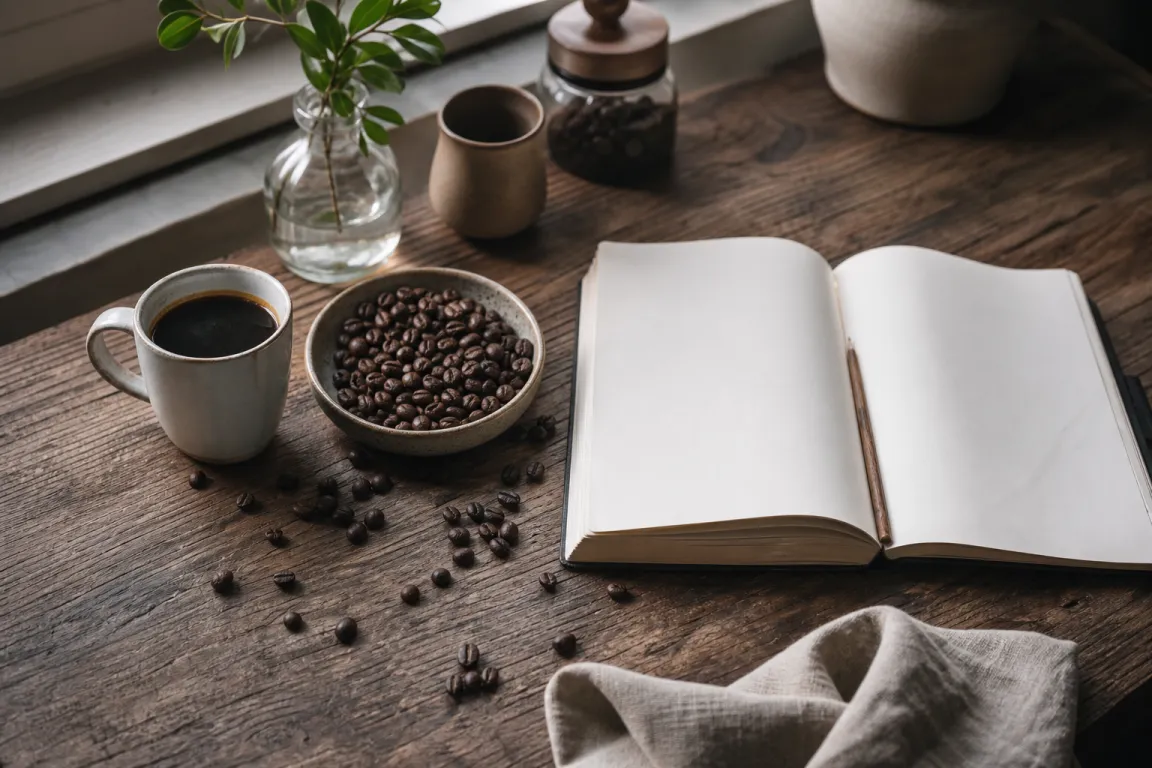 Ett gammalt kaffehus med tegelvägg och en handmalen kaffekvarn