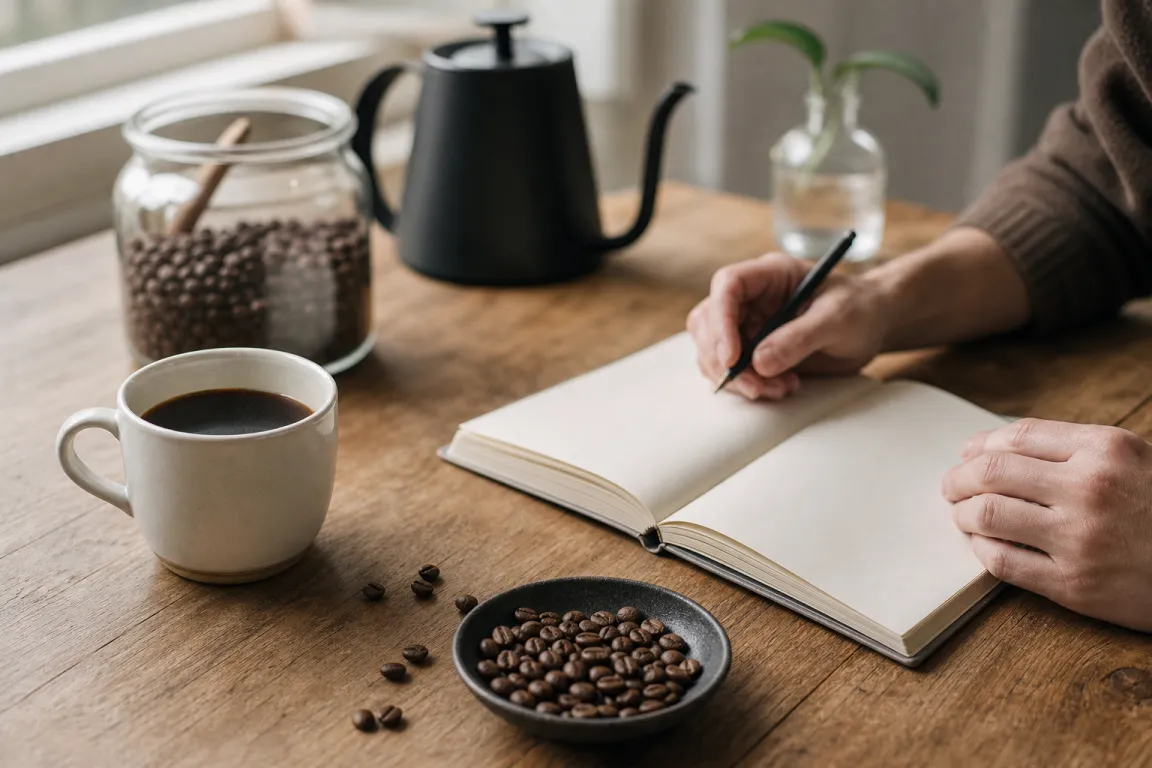 Kaffebönor, en kopp kaffe och teblad bredvid varandra på ett bord