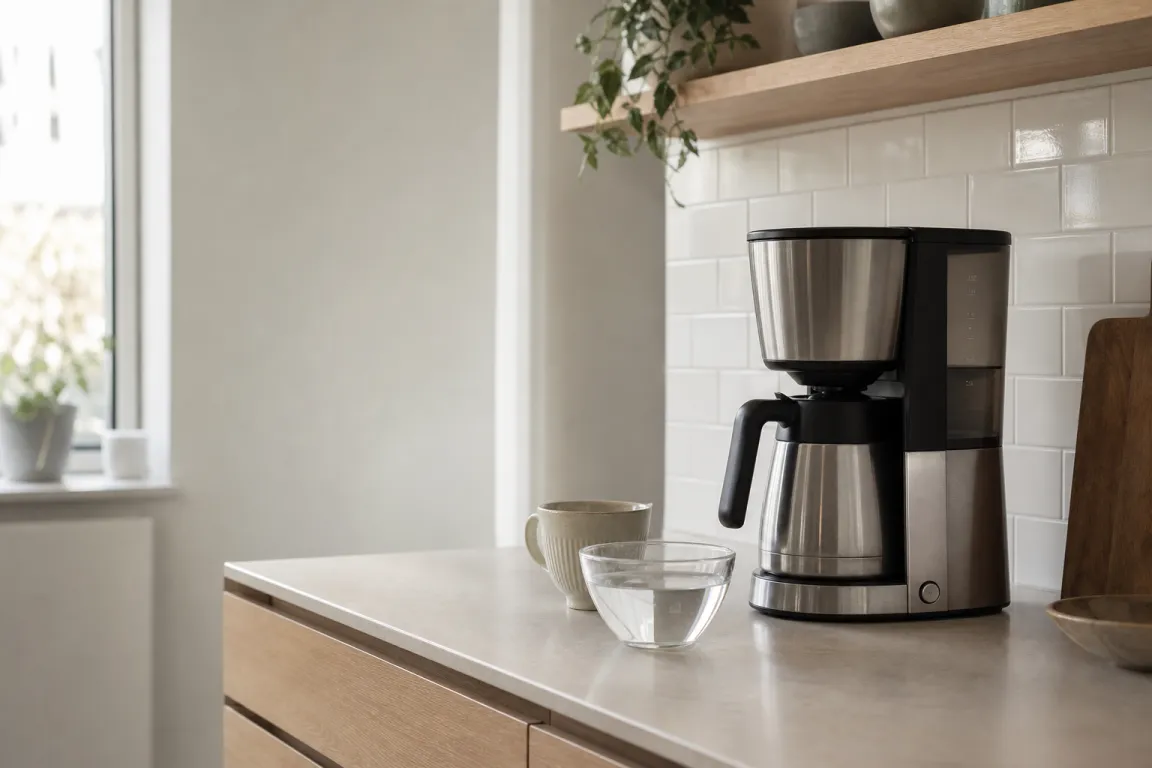 Avkalkningsmedel och vattenbehållare redo för avkalkning av en kaffemaskin
