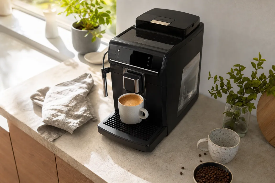Helautomatisk kaffemaskin med bönbehållare synlig, redo för jämförelse
