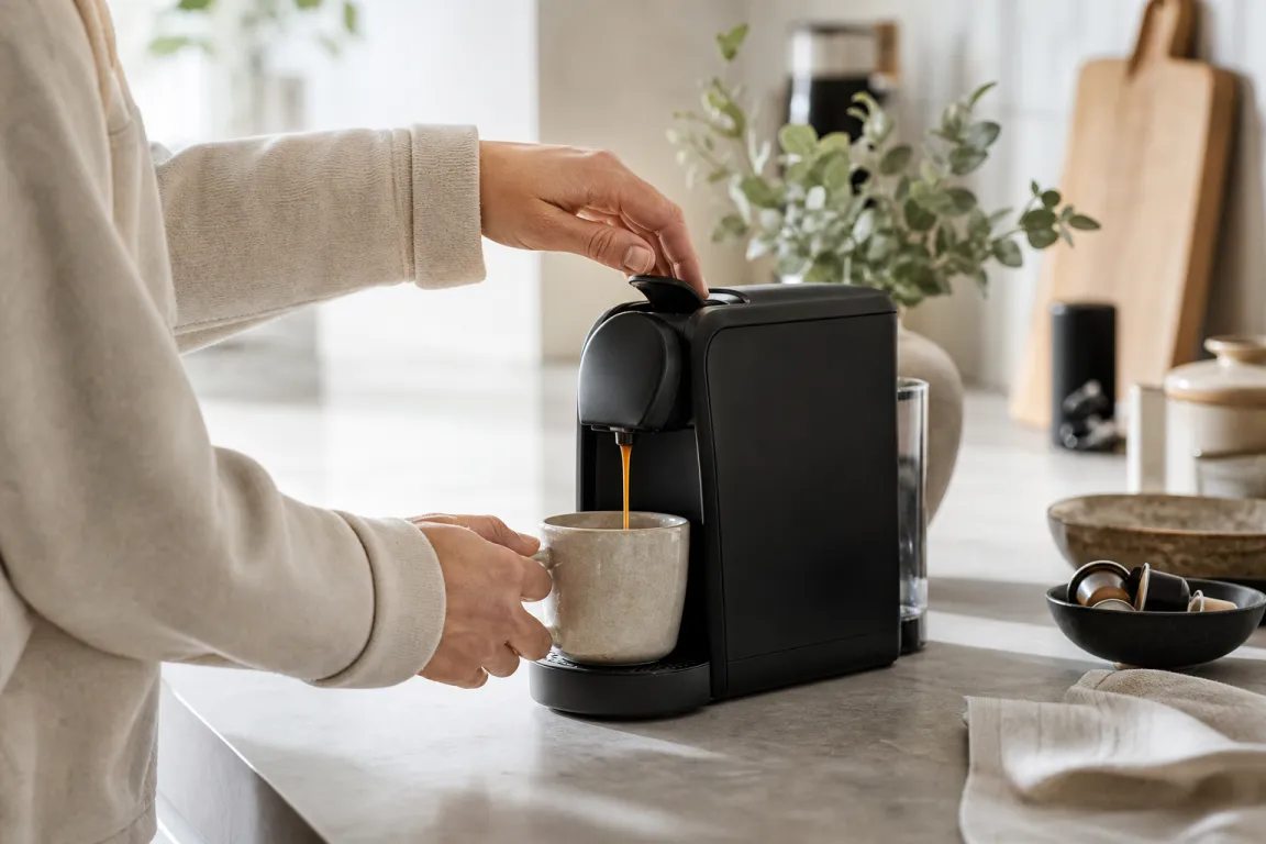 Kapselmaskiner och kaffekapslar från olika system uppställda för jämförelse