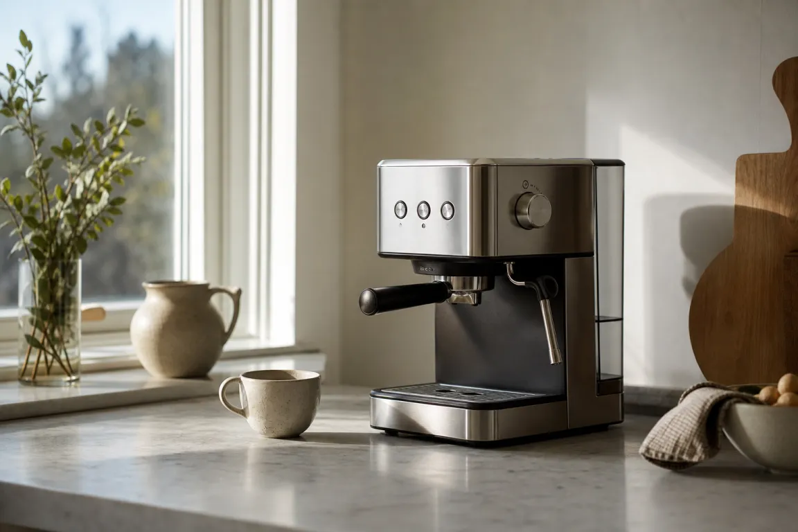 Espressomaskin med portafilter under bryggning på ett köksbänk