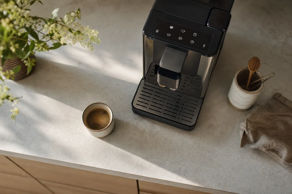 Helautomatisk kaffemaskin som häller upp en kopp kaffe automatiskt