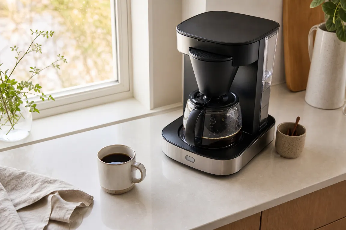 Elektrisk kaffebryggare med glaskanna fylld med bryggt kaffe