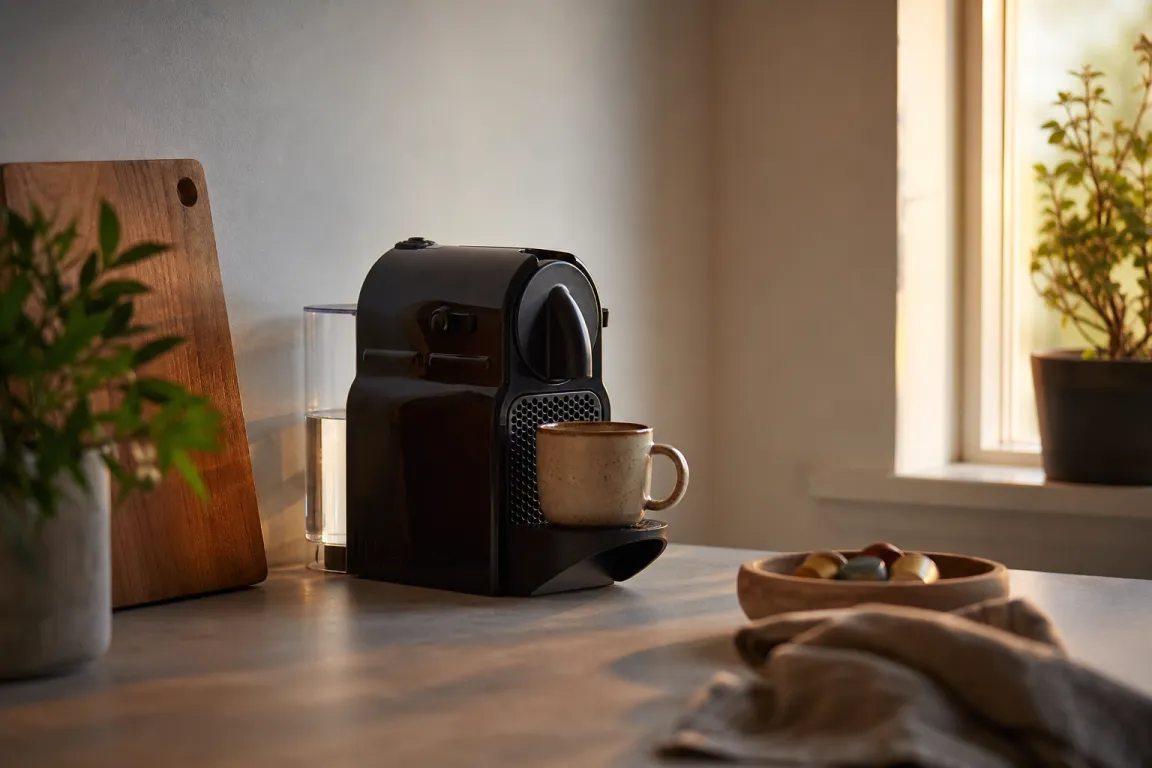 Kapselmaskin med kaffekapslar uppradade bredvid