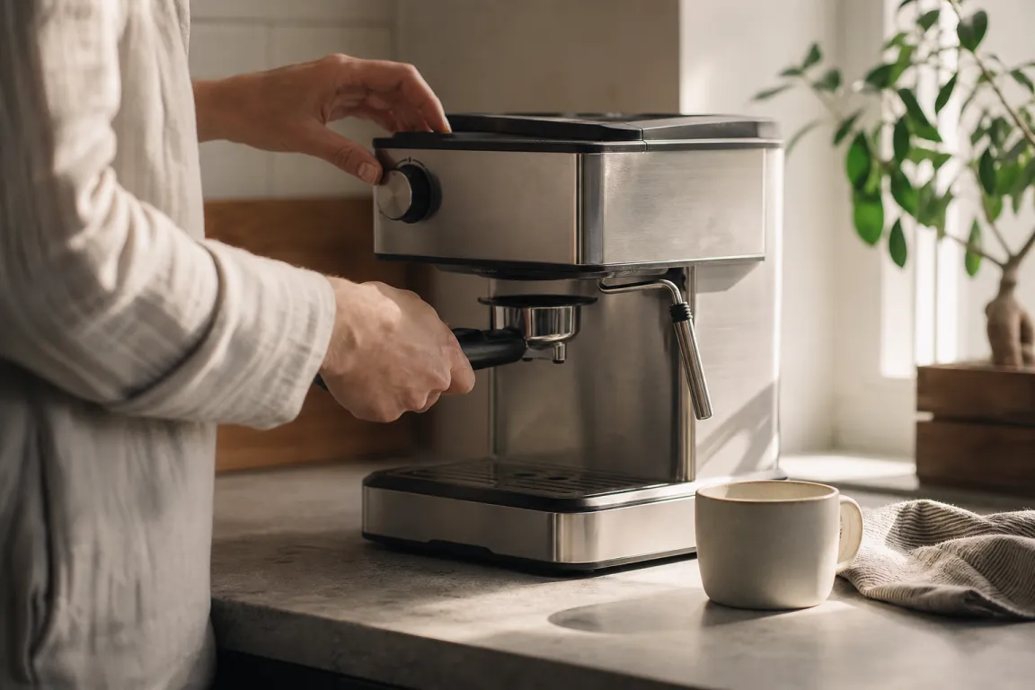 Person doserar malet kaffe i portafilter för hand vid en manuell espressomaskin