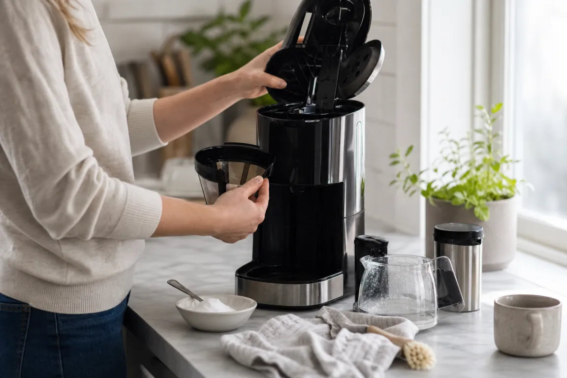 Bryggrupp och droppbricka från en kaffemaskin plockas isär för rengöring