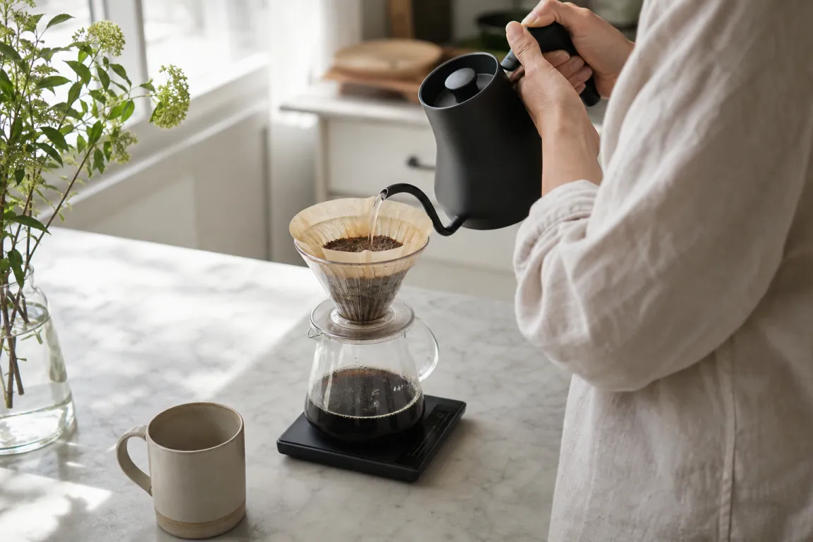 Skrivbord med kaffebryggning och anteckningar som symboliserar redaktionellt arbete