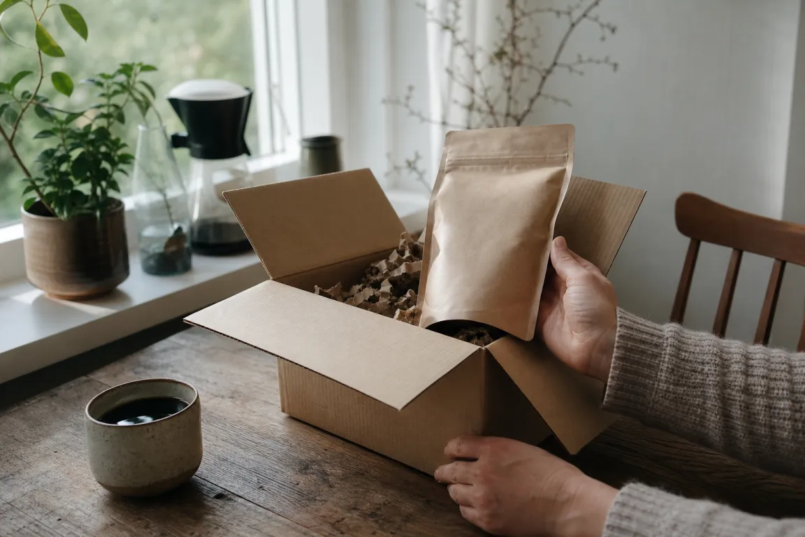 Kaffepåse med tryckt rostdatum redo att skickas