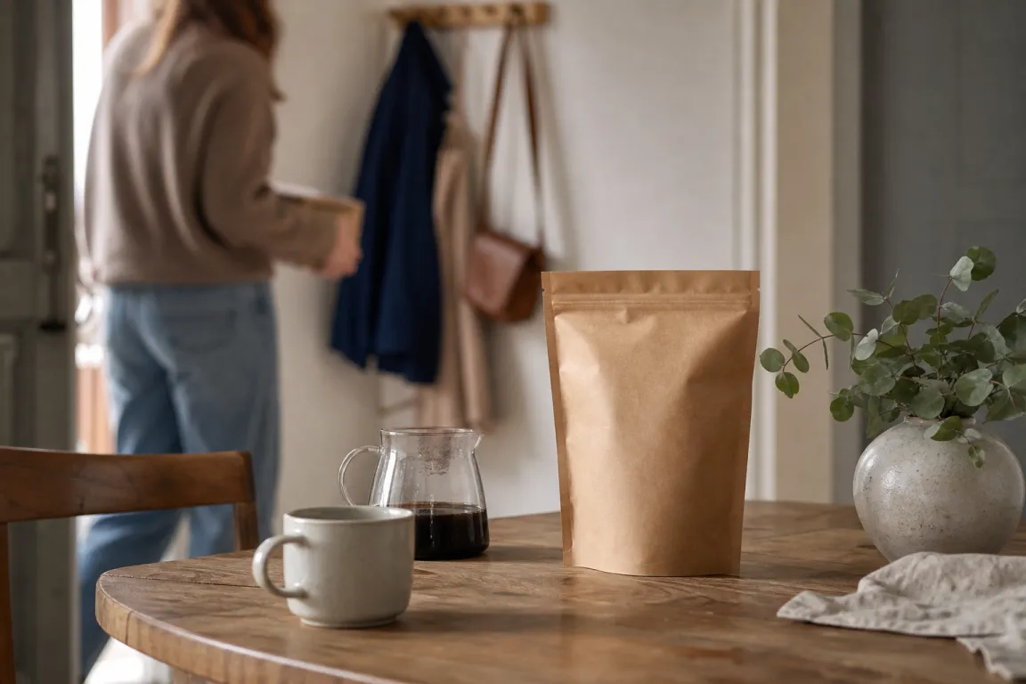 Kaffepaket märkta för återkommande utskick, staplade på ett bord