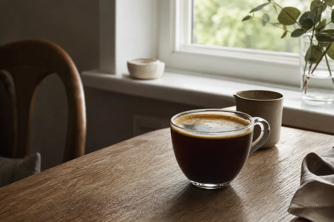 Americano i mugg, espresso späds med hett vatten från kanna